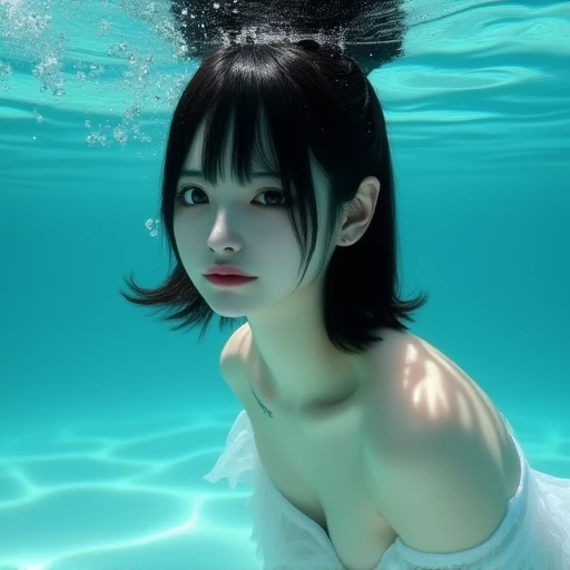 a high-resolution photograph of a young asian woman submerged underwater, she has fair skin, large expressive eyes, and dark, shoulder-length hair with bangs, her expression is serene and slightly contemplative, with her lips slightly parted, she is wearin...