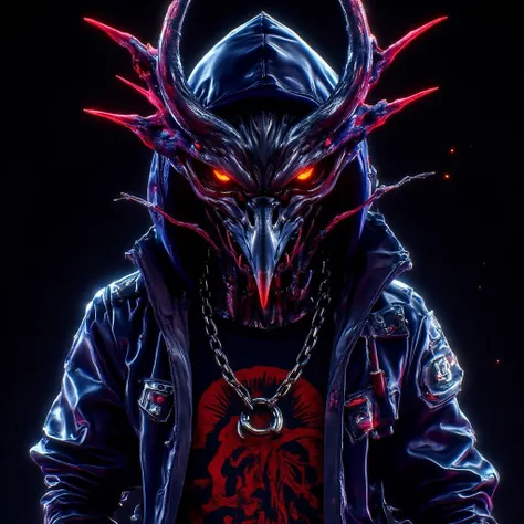 Neon Mecha-Horror Style, solo, looking_at_viewer, simple_background, red_eyes, 1boy, upper_body, male_focus, armor, orange_eyes, no_humans, bird, black_background, beak