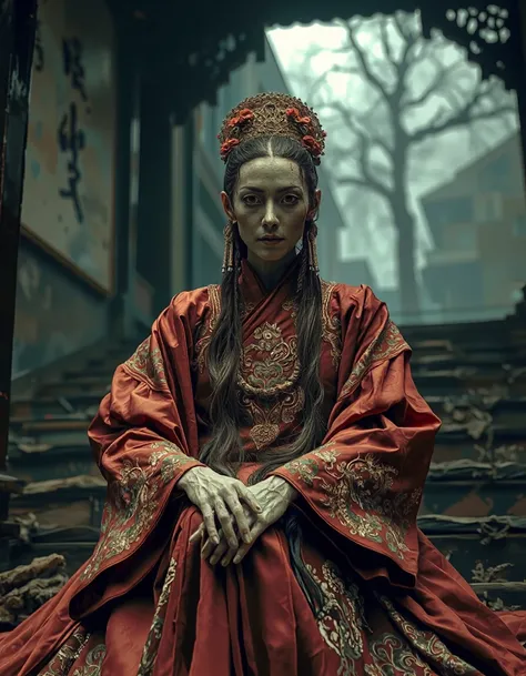 GZANATO <lora:zumboanatomist:1.57>, best quality, highly detailed, photorealistic, in the style of a collaboration between Ching Siu-tung and Tsui Hark and KÅji Suzuki for a dark fantasy medieval chinese, focus portrait of a gloomy ghostly slightly diabol...