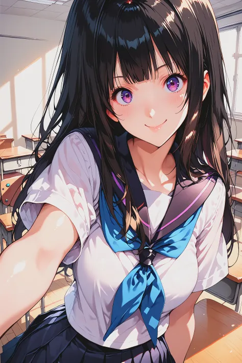 score_9, score_8_up,  score_7_up, source_anime,
ceiiai ceiistyle, 
 eerru,  
long hair, purple eyes, black hair, blunt bangs, sidelocks, 
school uniform,  kamiyama high school uniform (hyouka), sailor collar, black sailor collar, serafuku, shirt, short sle...