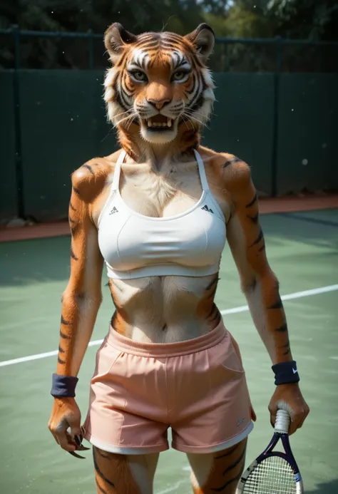 arafed woman in a tiger mask holding a tennis racket