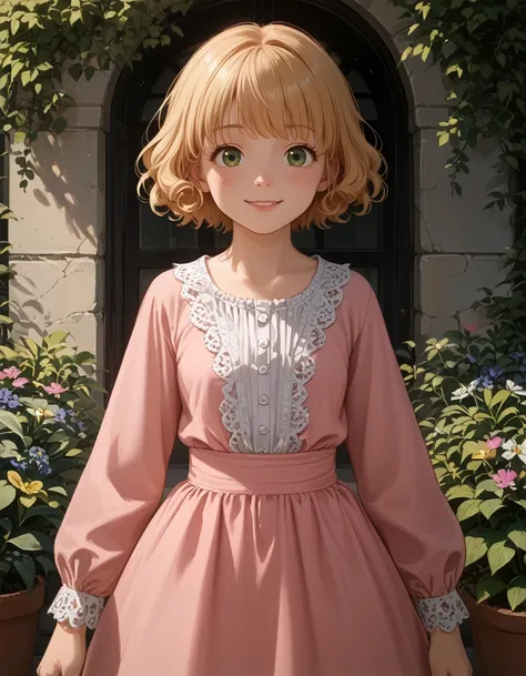 1girl, girl, (anatomically correct:1.2), (toned:1.2), BREAK (score_9, score_8_up, score_7_up:1.3), BREAK  <lora:bb271_eeny:0.75> short hair, curly hair, blonde, green eyes,
smile, blush,
pink dress, frilled dress, garden