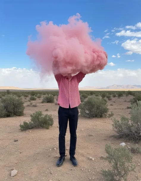 A surrealistic portrayal of a person standing in a vast, arid landscape. The main subject is a person holding a large, pink, cloud-like object above their head, obscuring their face. The person is dressed in a red and white checkered shirt and dark pants, ...