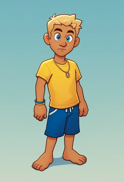 Brad_SML, blue eyes, shirt, blonde hair, 1boy, solo, jewelry, full body, shorts, bracelet, barefoot, t-shirt, blue shorts, yellow shirt, tan skin, beach-Necklace