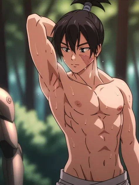 score_9, source_anime, sweat, 1boy, sweat, ponytail, forest, slim muscles, scar on face, armpit, <lora:Kokichi_Muta:0.65>