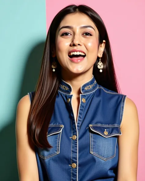 cowboy shot photo of Mishti Chakraborty woman,candid photo with natural colors, shouting expression on face,studio quality, wearing intricate high neck elegant Indigo sleeveless Jeans_with_kurta, straight hair, pastel shaded multicolored background, cinema...