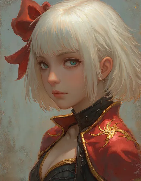 young woman with striking features set against a dynamic abstract background. She has short platinum blonde hair adorned with a red ribbon. Her piercing blue eyes and delicate pale skin are accentuated by a subtle golden glow. She wears a revealing red and...