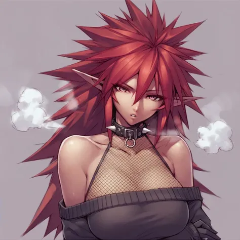 Score_9_up, score_8_up, score_7_up, solo, 1girl, black sweater, red hair, spiked hair, pointy ears, looking at viewer, collar, big breasts, fishnets, parted lips, collarbone, steam, bare shoulders, hair between eyes, gloves, thighhighs,