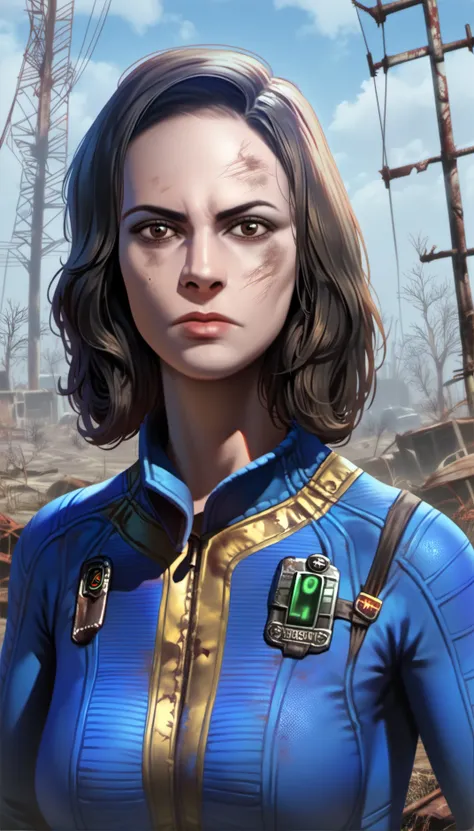 score_9,score_8_up,score_7_up,
<lora:nora:0.9>,fo4nora,
realistic,
1girl,solo,black hair,medium hair,brown eyes,looking at viewer,serious face,dirty blue jumpsuit,portrait,
outdoors,blurry background,post-apocalypse,blue sky,cloud,barren wasteland,wilderne...