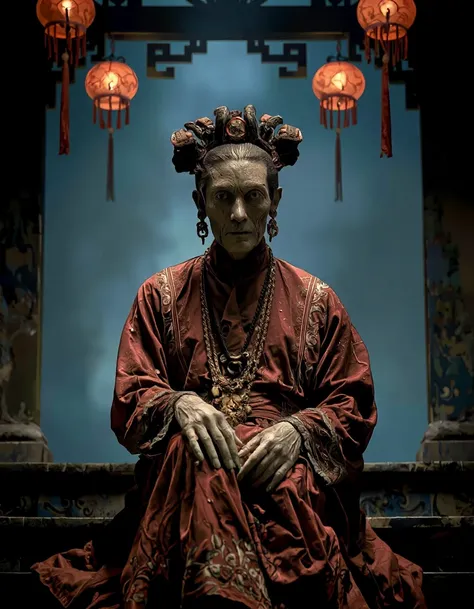 GZANATO <lora:zumboanatomist:1.57>, best quality, highly detailed, photorealistic, in the style of a collaboration between Ching Siu-tung and Tsui Hark and KÅji Suzuki for a dark fantasy medieval chinese, focus portrait of a gloomy ghostly slightly diabol...