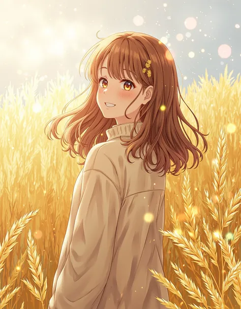 Youthful Smile in Golden Fields, digital art, young woman, brown hair, hazel eyes, big smile, wheat field, sunny, backlighting, bokeh, fluffy hair, casual clothing, turtleneck sweater, ambient lighting, warm tones, daytime, outdoors, serene, illustration, ...