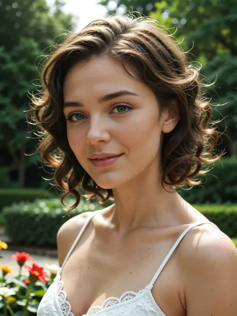 beautiful woman with curly hair. She has a radiant smile and expressive eyes. Her curly hair is voluminous, cascading around her face and shoulders in natural waves. She is wearing a stylish dress that complements her figure, and her makeup is elegant and ...