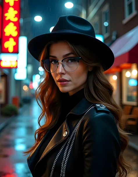 In a gritty, noir-inspired urban setting, the striking silhouette of AMB3RF, a woman with brown hair cascading down her back and donning a unique outfit of a tailored black trench coat adorned with intricate silver chains and a vintage fedora tilted low on...