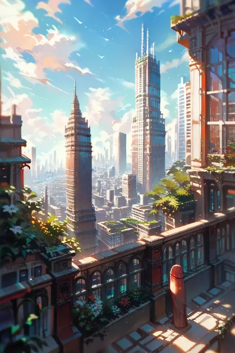 anime city with skyscrapers and a balcony with a fire hydrant