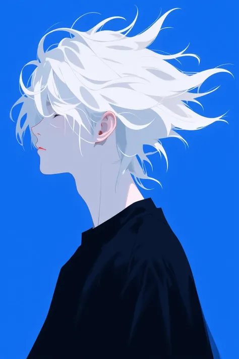 flat pic, solo, male focus, 1boy, white hair, upper body, simple background, from side, profile, floating hair, short hair, blue background, hair over eyes, shirt, closed mouth, covered eyes, black shirt