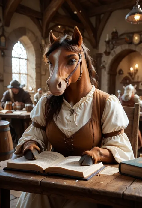 there is a horse that is sitting at a table with a book