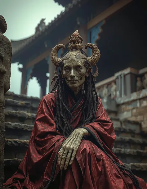 GZANATO <lora:zumboanatomist:1.7>, best quality, highly detailed, photorealistic, in the style of a collaboration between Ching Siu-tung and Tsui Hark and KÅji Suzuki for a dark fantasy medieval chinese, focus portrait of a gloomy ghostly and slightly dem...