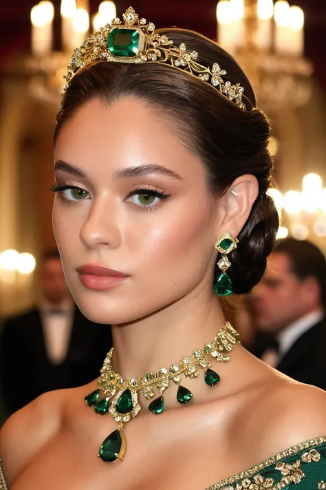 head portrait of young woman in a formal, historical setting. The woman has light skin, hair styled in an elegant updo with a few loose strands framing her face. She wears a regal, green and gold tiara adorned with intricate floral designs and a central gr...