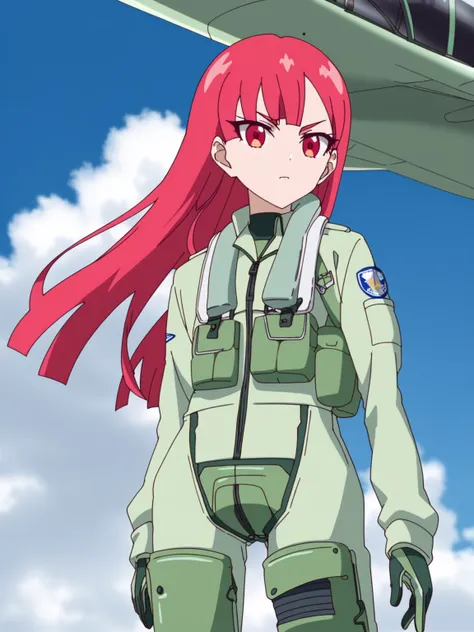 score_9,score_8_up,score_7_up,best quality,rating_explicit,  source_anime,anime,
standing,looking at viewer,contrapposto,(g-suit:1.4),outdoors,tactical clothes,aircraft,airplane,fighter jet,sky,clouds,green jumpsuit, <lora:g-suit_pony:1>
1girl, solo, red e...