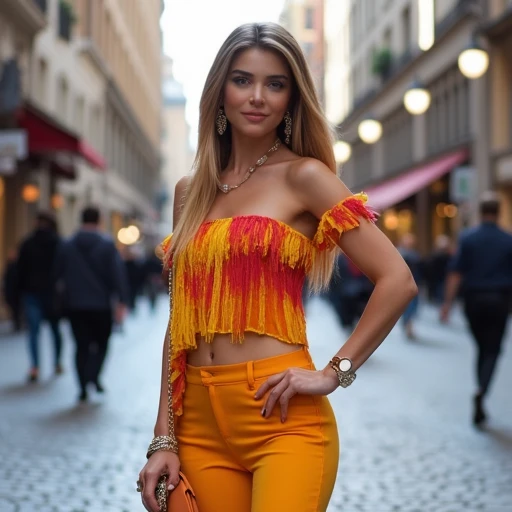 A fashionable woman posing confidently on a cobblestone street in a busy urban environment. She’s wearing a bold, colorful outfit with statement accessories, her hand resting on her hip. The shot is angled slightly upward to emphasize her confidence, with ...