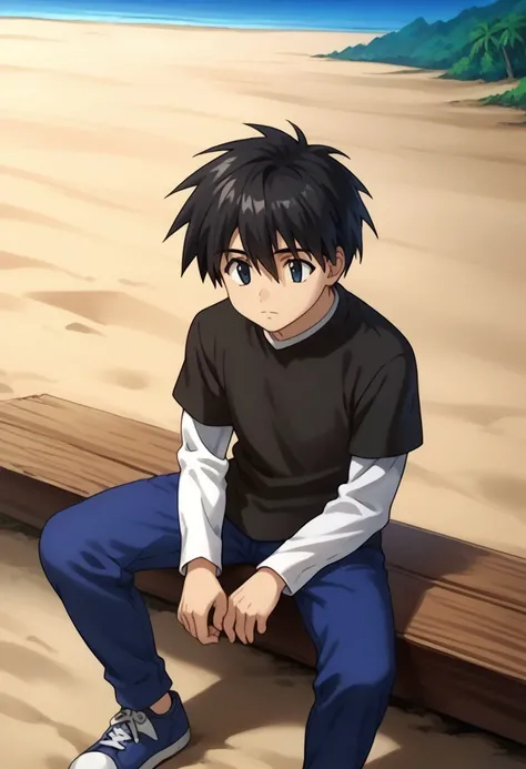 score_9, score_8_up, score_7_up, source_anime, highly detailed, 

ikuto, 1boy, male focus, solo, black hair, hair between eyes, black eyes, shirt, black shirt, white shirt, short over long sleeves, pants, blue pants, sneakers,

outdoor, island, palms, sit,...