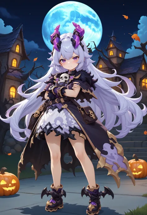 masterpiece, best quality, very aesthetic, absurdres, rom_hela_xl,
1girl, purple hair, horns, purple eyes, grumpy, skull on chest, fingerless gloves, saddlebag, 
full body, standing, crossed arms, haunted house, withered trees, bats, halloween bucket, pump...