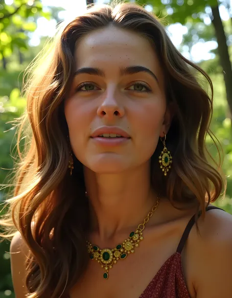 A captivating close-up image of GL0RY5S, a woman with long, cascading brown hair adorned in an intricate, shimmering gold and emerald jewelry set, her gaze locked onto the viewers soul as she poses with delicate, dangling earrings that catch the suns rays ...