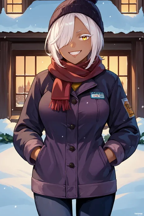 score_9, score_7_up, source_anime, cowboy shot, looking at viewer, smile, prv, short hair, large breasts, dark-skinned female, one eye covered, white hair, yellow eyes, colored eyelashes, beanie, scarf, winter clothes, pants, hands in pockets, outdoors, wi...