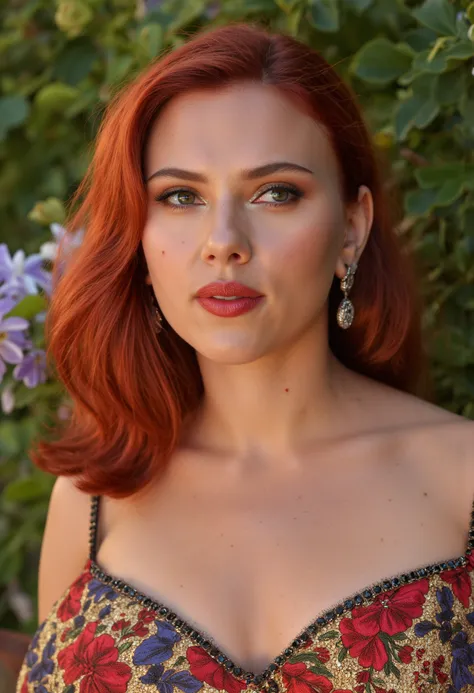 The image is a portrait of scarlett woman posing for a photo ,mole under eye,She is wearing a colorfull blousse,she is outdoors,floral background, Upper body photo. She is looking at viewer. Amateur photography.