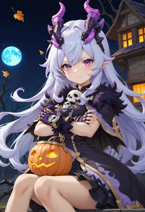 masterpiece, best quality, very aesthetic, absurdres, rom_hela_xl,
1girl, purple hair, horns, purple eyes, grumpy, skull, fingerless gloves, 
sitting, crossed arms, haunted house, withered trees, bats, halloween bucket, pumpkin,
outdoors, moon, (wind, fall...