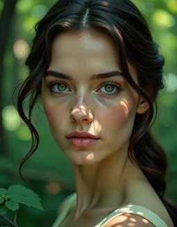  Envision a photorealistic portrait capturing the delicate features of a young woman with porcelain skin, dark brown hair cascading in soft waves down her back, and striking green eyes reflecting a sense of tranquility and mystery. This enchanting subjects...