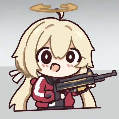 <lora:baimudadada_ill-xl-000006:1>,chibi,1girl, weapon, gun, solo, halo, twintails, holding, holding_weapon, blonde_hair, jacket, red_jacket, open_mouth, holding_gun, assault_rifle, long_sleeves, rifle, upper_body, looking_at_viewer, ahoge, track_jacket, h...