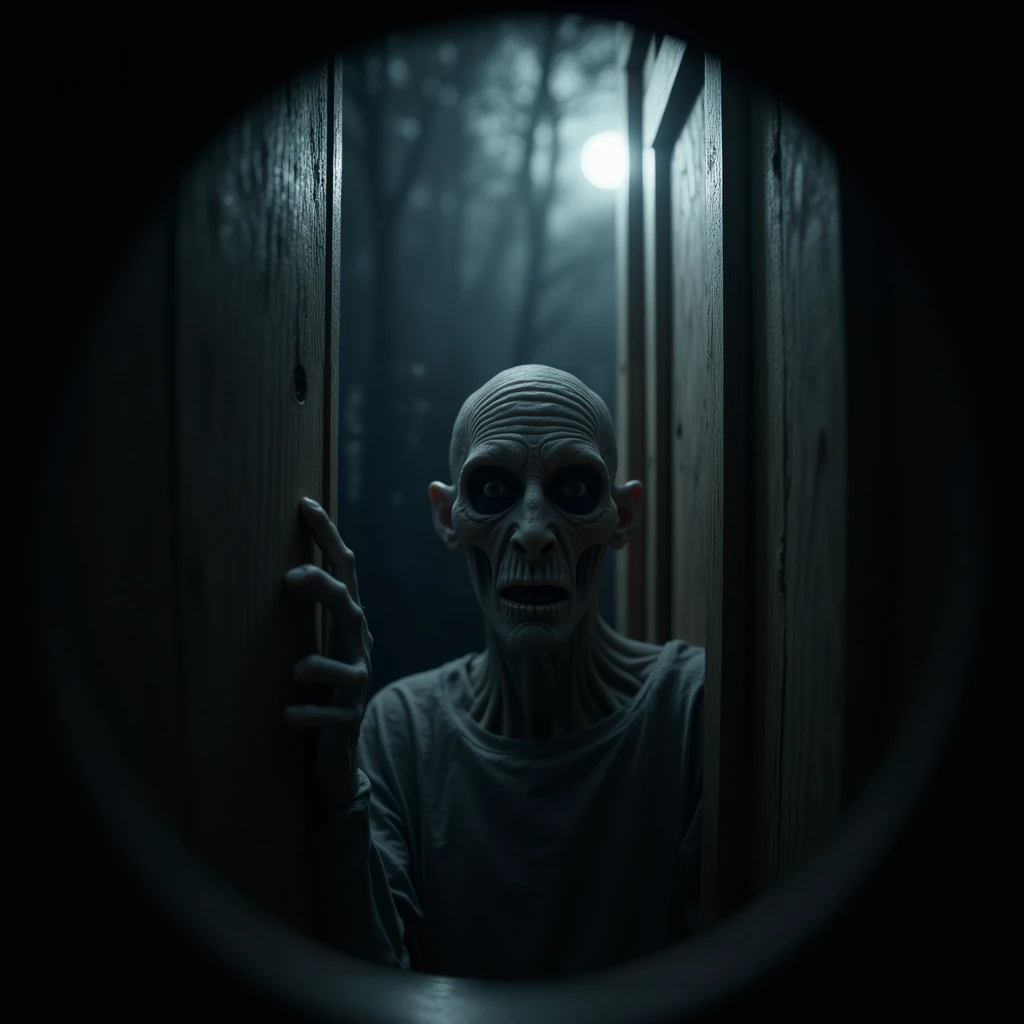 cinematic film still professional 3d model "A zoomed, fisheye lens horror photo taken through a peephole in the wooden door of a dark, isolated cabin deep in the forest. The perspective captures a gaunt, ghostly figure standing just outside, its pale face ...