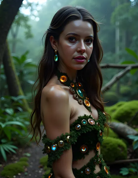 In a dimly lit, ethereal forest clearing bathed in the soft glow of moonlight, M1CH3LJ stands gracefully with her back to the camera. Her long, cascading brown hair shimmers like dark silk against the emerald moss beneath her feet. Her striking eyes, deep ...