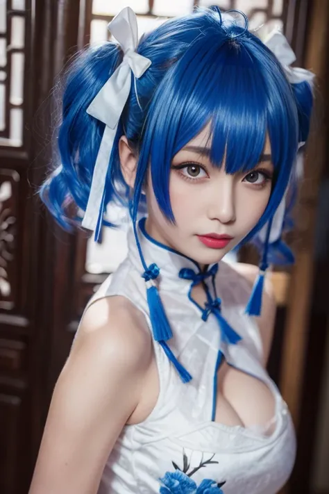 ltra-detailed,highly detailed,best quality,masterpiece,illustration, drawing, realistic, photorealistic,
st louis, st. louis (azur lane), 1girl, solo, 
qipao, chinese clothes, china dress, neck tassel, 
blue hair, bangs, hair ribbon, 
looking at viewer, up...