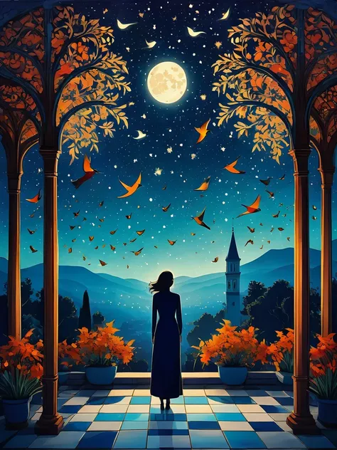 Digital art，beautiful women, Resin artwork, iznik tiles pattern of a landscape of a In the midst of the night sky, a vibrant garden comes alive with the sounds of birds singing and leaves rustling. Amidst the sky, a lone figure stands tall, gazing up at th...