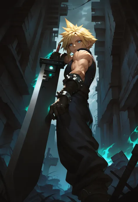 anime character with sword in a city with buildings（cloud strife)