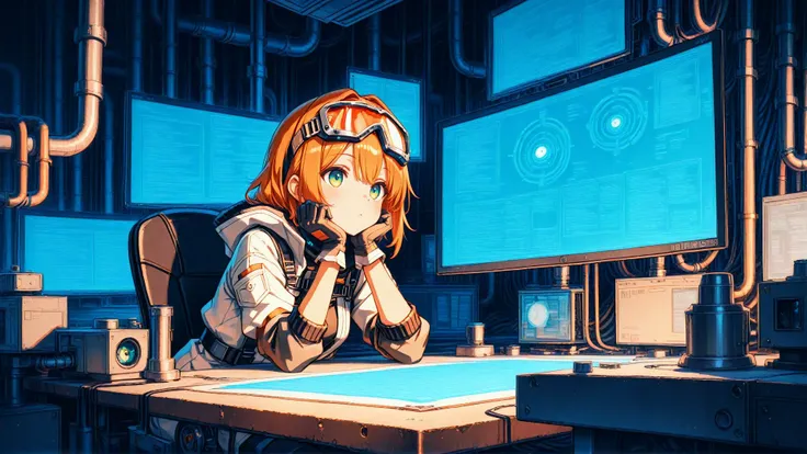 1girl,
goggles on head, 
head rest,
holographic interface, 
industrial_pipe,
monitor_room,
machinery,
masterpiece, best_quality,