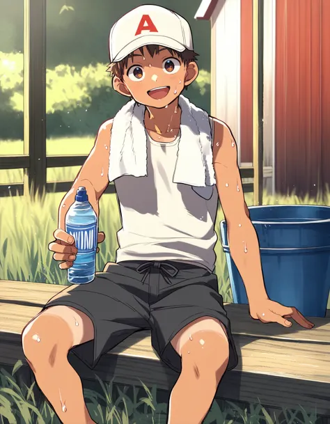 score_9, score_8_up, score_7_up, score_6_up, source_anime, outdoors, farm, field, 1boy, solo, tan, brown hair, brown eyes, white tank top, black shorts, sitting, towel around neck, baseball cap, holding water bottle, looking at viewer, open mouth, smile, s...