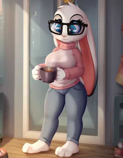 indoors,window, winter, 
Bnuy,1girl,solo,furry female,furry,animal ears,rabbit ears,rabbit girl,ears down,full body,blue eyes,body fur,white fur,animal nose,rabbit ears,two-tone fur,aged up,
full body,large smile,standing,glasses,large breasts,
turtleneck,...