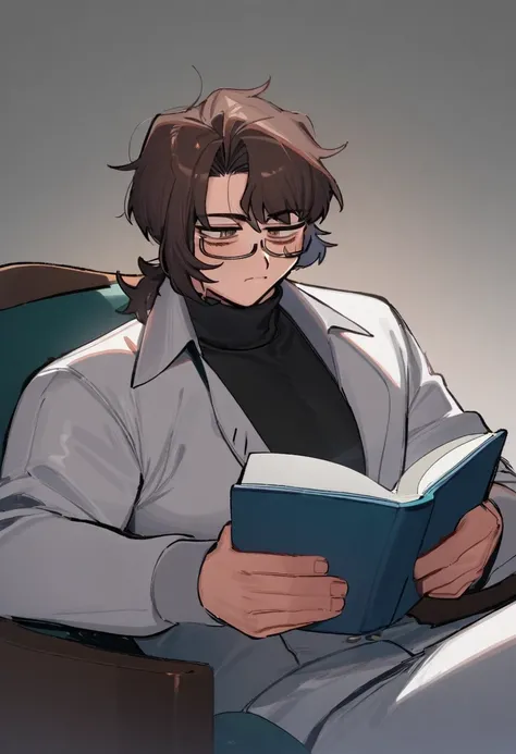 negativeXL, LSP_style, masterpiece,1boy, male focus, short hair, messy hair, glasses, dark brown turtleneck, white jacket, reading book, sitting on chair,