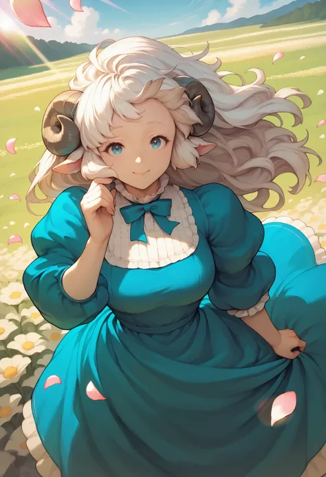 anime girl with long white hair sitting in a field of flowers