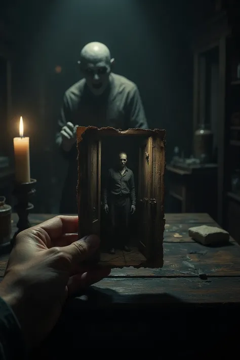 Dimly lit room, hand holding a chilling, worn photograph of a man at a wooden table, illuminated by a single candle. Man stares intensely, ghostly figure with ghastly white face and hollow eyes in doorway. Photograph old and grainy, hand trembles, casting ...