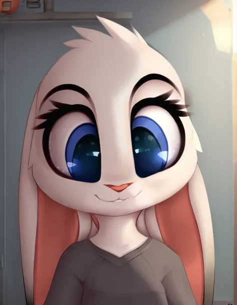 Bnuy,1girl,solo,furry female,furry,flat chest,animal ears,rabbit ears,rabbit girl,ears down,full body,blue eyes,body fur,white fur,rabbit girl,animal nose,rabbit ears,two-tone fur,
upper body, black t-shirt, smile, 
<lora:Bnuy_v02_PDXL:1>