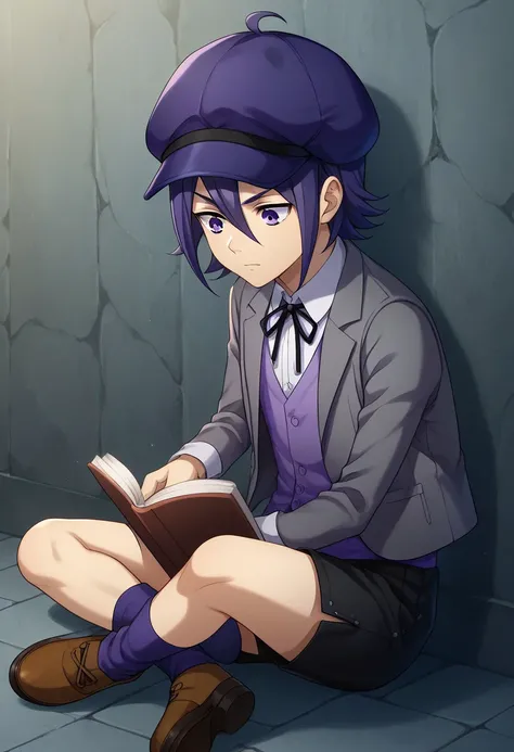 score_9, score_8_up, score_7_up, source_anime, highly detailed,
suzuno, 1boy, male focus, solo, purple eyes, purple hair, short hair, ahoge, hair between eyes, hat, cabbie hat, purple headwear, shirt, collared shirt, white shirt, ribbon, black ribbon, neck...