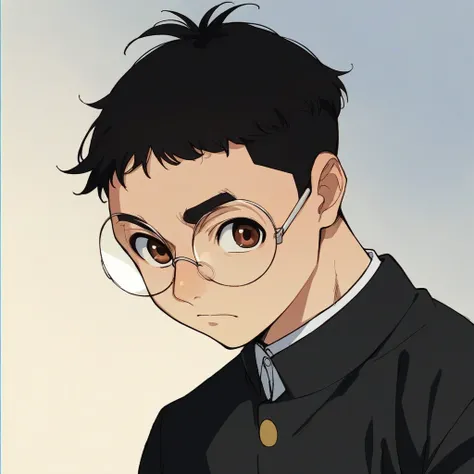 ken, 1boy, score_9, score_8_up, score_7_up, source_anime, looking at viewer, gradient background, black hair, brown eyes,  glasses, school uniform,  standing,  upper body, round eyewear   <lora:ken-ponyXL-v0.5:0.9>