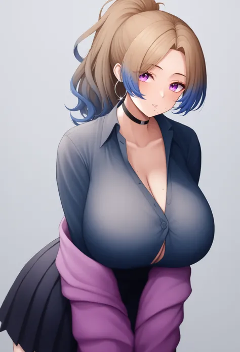 masterpiece, best quality, 1girl, upper body, huge breasts, open clothes, colored tips, two-tone hair, blue hair, school uniform, grey background, purple eyes, looking at viewer, mole on breast, skirt, choker, parted bangs, long sleeves, cleavage, multicol...