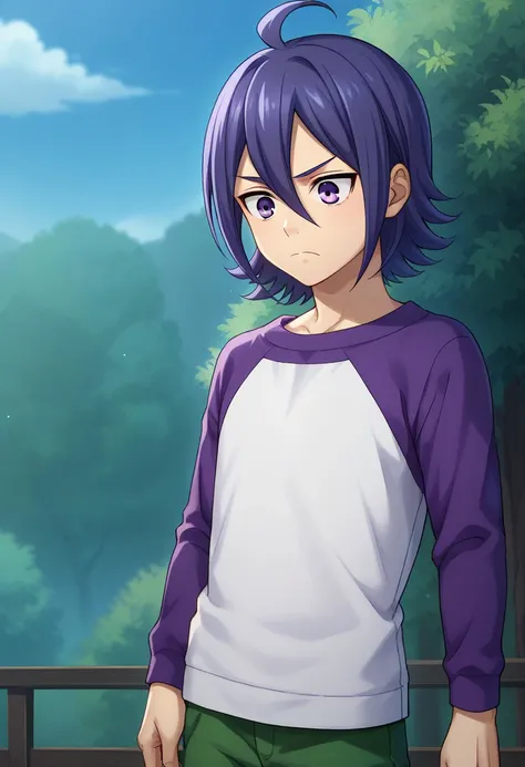 score_9, score_8_up, score_7_up, source_anime, highly detailed,
suzuno, 1boy, male focus, solo, purple eyes, purple hair, short hair, ahoge, hair between eyes, shirt, long sleeves, raglan sleeves, purple shirt, grey shirt, pants, green pants, upper body, f...