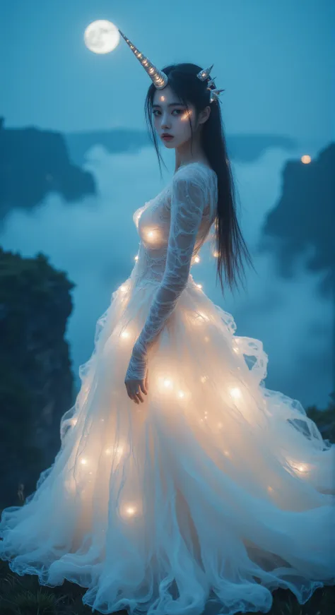 A photo of a young Asian woman dressed as a spectral unicorn, with a glowing horn and a flowing dress that looks like a cloud of mist. She stands on a cliff under the full moon, her gaze serene. Shot with a 24-70mm lens, the soft light from the moon enhanc...