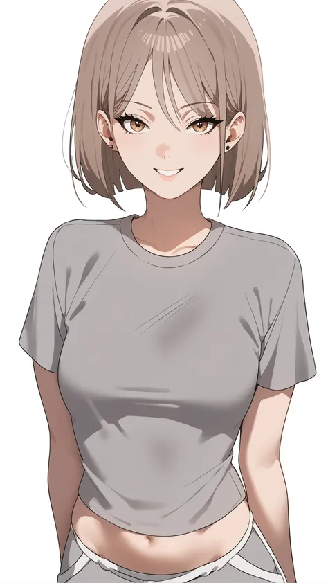 looking at viewer, smile, upper body, straight-on, simple background, white background, grey shirt, grey dolphin shorts, midriff
choidef, light brown hair, short hair, brown eyes, stud earrings, medium breasts, <lora:ChoiYoonHa:1>, score_9, score_7_up, sou...